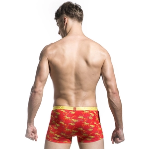 Men's breathable boxer briefs in red with yellow floral print and elastic waistband