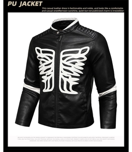 Detail of black PU jacket featuring stand collar and white abstract bone embroidery