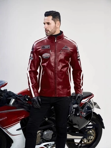 Veste de course en similicuir rouge foncé pour homme avec col montant et rayures