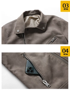 Detail view of brown PU leather jacket featuring classic lapel and side zipper pockets