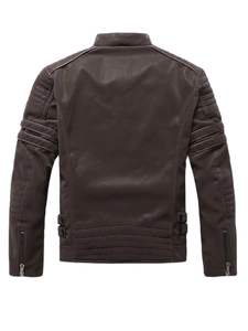 Men's dark brown faux leather biker jacket with quilted shoulders and back view details