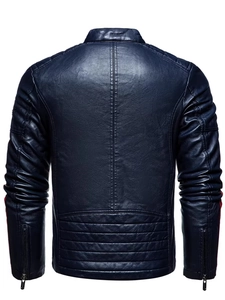 Navy blue faux leather biker jacket for men featuring quilted shoulders and back design