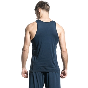 Sleeveless men's cotton tank top in navy blue featuring a loose fit and back view