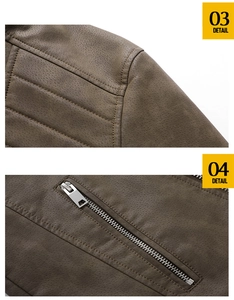 Close-up of quilted shoulder stitching and metal zipper on brown faux leather biker jacket