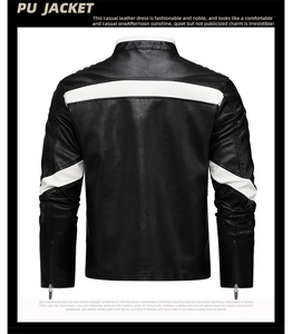 Detail view of the black PU leather jacket featuring white racing stripes on the back and sleeves