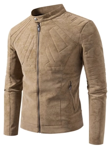 Men's khaki stand collar motorcycle jacket with quilted shoulder details in faux suede
