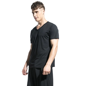 Men's black V-neck modal T-shirt and elastic shorts set shown on a male model