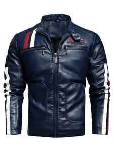 Navy blue faux leather motorcycle jacket with red and white racing stripes on shoulders
