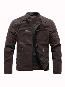 Men's slim fit dark brown matte PU leather biker jacket with warm fleece lining