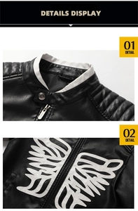 Close-up of faux leather biker jacket featuring white embroidery and quilted shoulder details
