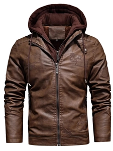 Men's Faux PU Leather Jacket Detachable Hooded Motorcycle Coat Fleece Lined Thick Winter Outerwear Casual Fashion Top