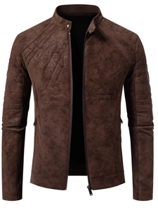Classic men's brown suede motorcycle jacket with stand collar and geometric stitching