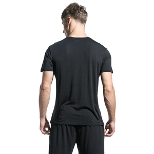 Back view of men's slim fit black V-neck t-shirt in lightweight breathable fabric