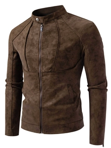 Vintage Men Moto Jacket Stand Collar PU Leather Suede Slim Fit Zipper Outerwear Casual Retro Bomber Autumn Spring