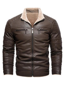 Men's brown distressed PU leather jacket with warm fleece collar and quilted details