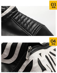 Macro detail of quilted shoulder pads and bone-shaped appliques on a faux leather jacket