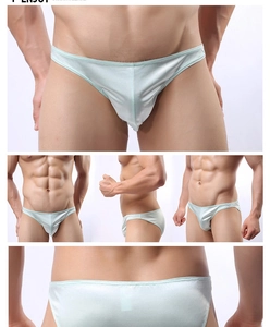 Close-up of low-rise men's mint green bikini briefs in glossy nylon fabric