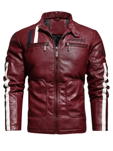 Men's embroidered racing PU jacket in deep red with motorcycle style stripes