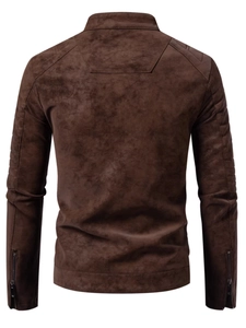 Men's dark brown faux suede motorcycle jacket with stand collar and back stitching detail
