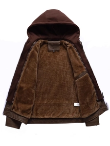 Men's dark brown faux leather motorcycle jacket with warm fleece lining and removable hood