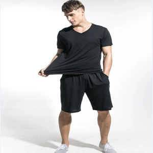 Men Summer Modal Cotton Blend V Neck Short Sleeve Top And Shorts For Daily Sport Wear High Elasticity Breathable Apparel