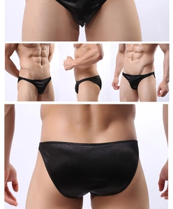 Detailed views of shiny black men's bikini briefs with a smooth satin texture from multiple angles