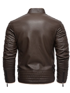 Men's dark brown faux leather motorcycle jacket with warm faux fur lining, back view