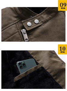 Detail of brown PU leather jacket showing the warm black fleece lining and inner pocket