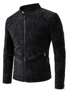 Men's vintage black slim fit biker jacket with stand collar and quilted texture detail