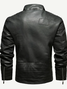 Back view of men's black PU leather motorcycle jacket with quilted waist and hood