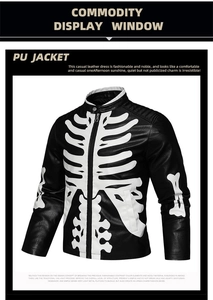 Detailed view of white bone skeleton print on a men's black PU leather motorcycle jacket