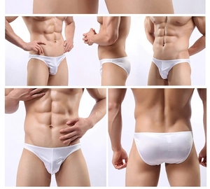 Front and back views of white low-rise men's bikini briefs in smooth stretch fabric