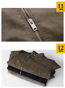 Detail of metal zipper and snap-button collar on men's PU leather biker jacket