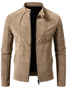 Vintage brown faux suede motorcycle jacket with stand collar and metal zipper