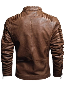 Men's brown faux leather biker jacket with stand collar and quilted shoulder patches