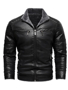Men's black faux leather biker jacket with warm faux fur lining and pleated shoulder detail