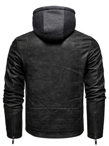 Men's black PU leather biker jacket with detachable grey hood and back embroidery