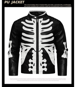 Detail of black PU leather jacket featuring white skeleton bone prints and metal zipper