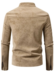 Men's camel faux suede biker jacket with slim fit design and back view detail