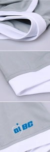 Close-up of men's gray boxer briefs showing waist elastic and flatlock seam detail
