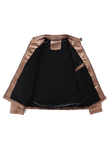 Brown faux leather motorcycle jacket for men with thick black fleece lining and metal zipper