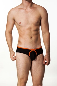 Close-up of low-waist black nylon men's briefs with orange contrast elastic trim