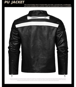Detail of white bone patch applique and metal zipper on black PU leather biker jacket