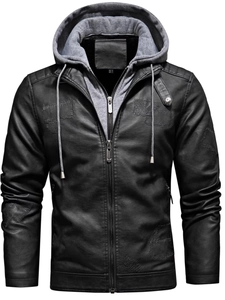 Men's faux two-piece motorcycle PU leather jacket with detachable grey hood and dual zipper