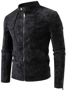 Retro black PU leather motorcycle jacket with stand collar and geometric stitching