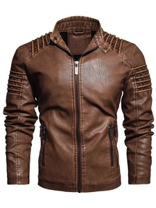 Brown faux leather motorcycle jacket for men with quilted shoulders and stand collar
