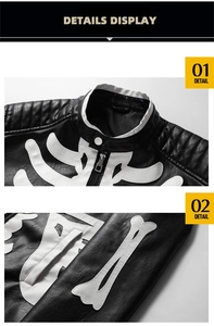 Close-up of skeleton leather jacket showing collar buckle and metallic zipper details