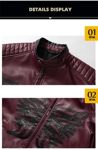 Detail of shoulder quilting and wing embroidery on burgundy faux leather jacket