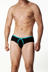 Close-up of low-rise men's brief with black fabric and bright blue contrast stitching detail