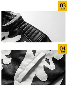 Detail of cross pattern leather patchwork and quilted shoulder on black motorcycle jacket